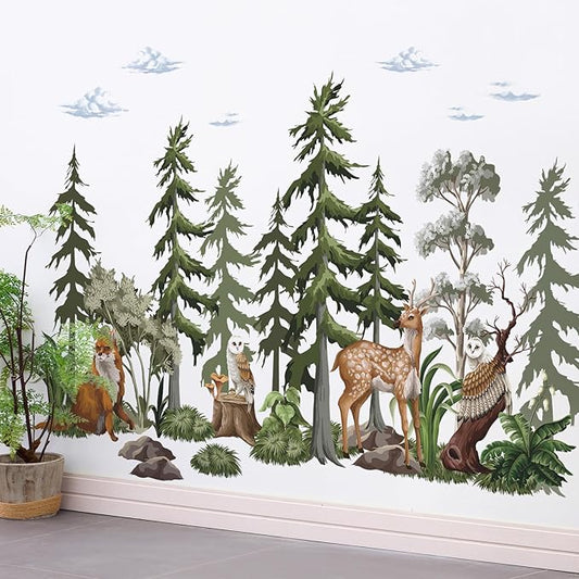 37x58.3 Inch Large Mountain Forest Tree Wall Decals Removable Woodland Animals Fox Deer Peel and Stick Wall Stickers Watercolor Jungle Animals Pine Tree Wall Decor for Kids Bedroom Decoration