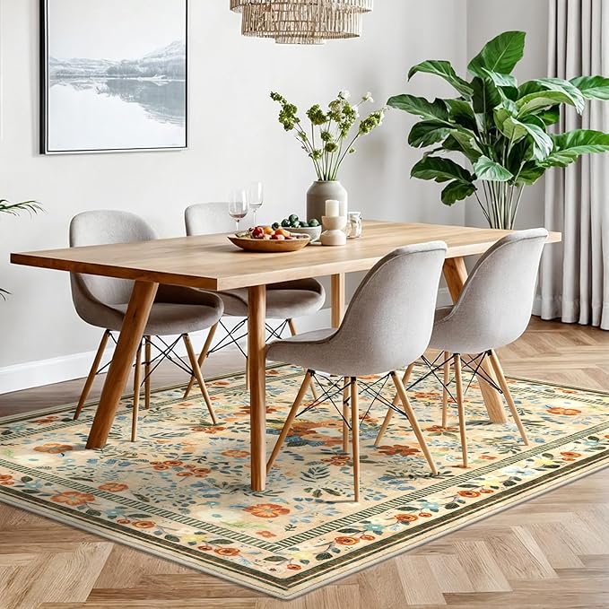Rugs for Living Room 5x7, Machine Washable Non-Slip Thin Area Rugs, Boho Vintage Floral Soft Bedroom Carpet Rug for Home Indoor Dining Room, Beige/Multi