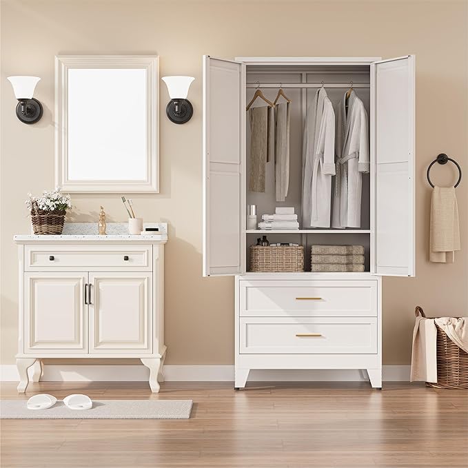 Metal Wardrobe Closet Cabinet with Drawers,71" H Large Bedroom Armoires with Shelves and Hanging Rod,Wardrobe Storage Cabinet with 2 Doors, 1 Adjustable Shelf and Drawers (2Drawer, White)