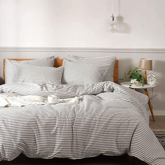 JELLYMONI Oversized King Duvet Cover Set, Cotton Duvet Cover 3 Pieces with Zipper Closure, 1 Duvet Cover and 2 Pillowcases(White with Gray Striped)
