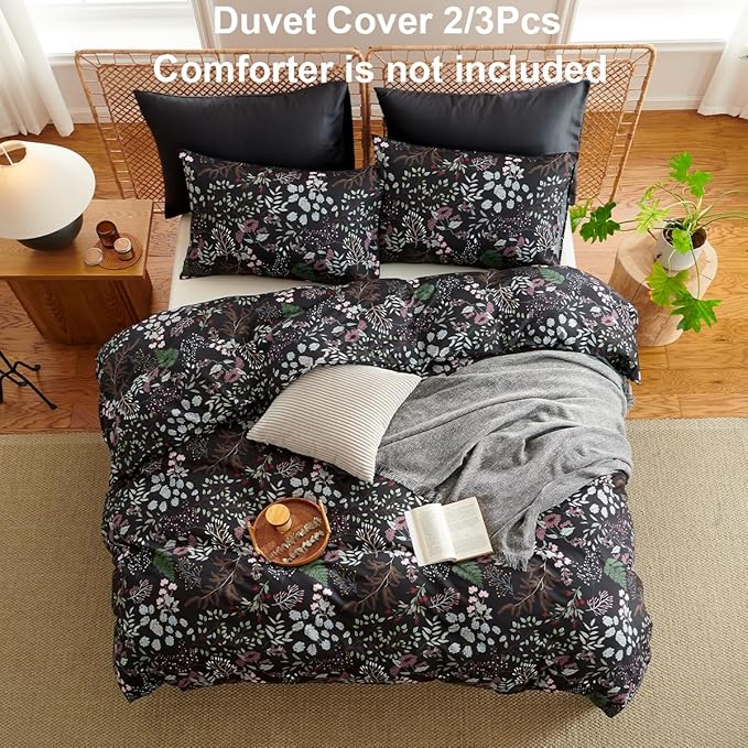 Floral Duvet Cover King 3 Pieces Elegant Flower Bedding Set Farmhosue Aesthetic Bedding Soft Microfiber Black Duvet Cover Set with 2 Pillowcases