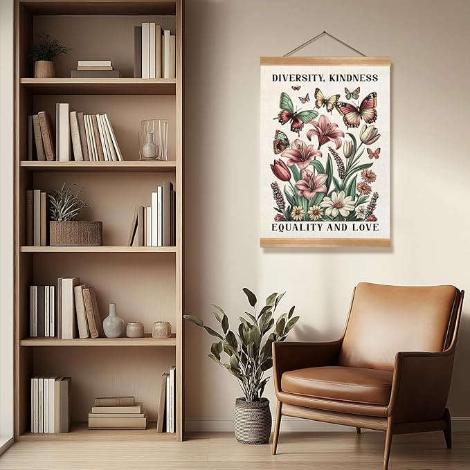 ZTGDA Diversity and Kindness Wall Art,Equality and Love Inspirational Hanging Poster with Butterflies and Flowers, Linen Canvas Print for Office, Classroom, or Home Decor 12x16In (Colour-Diversity)