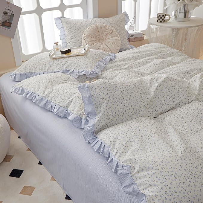 Garden Style Lace Duvet Cover Cute Blue Flower Print Ruffle Duvet Cover Twin Cotton Blue Striped Girls Floral Comforter Cover Lace Princess Bedding Set Vintage Floral Bedding Duvet Cover with Zipper