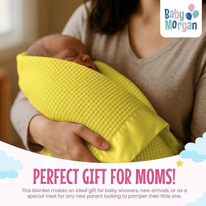 Blankets Thermal Waffle Baby Blanket Crib Bedding - Soft Cozy Warm Infant Thermal Cover for Nursery Stroller or Bassinet, Lightweight Ideal Shower Gift, Satin Trim Yellow 36" x 50"