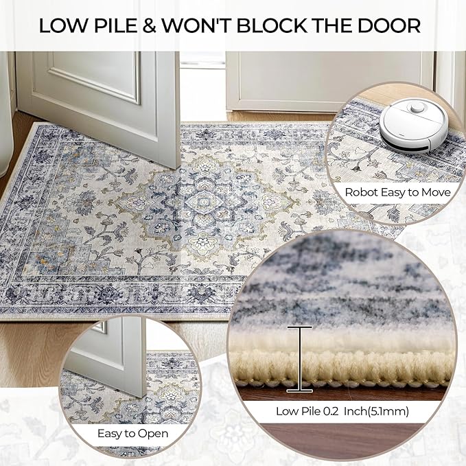 Machine Washable Rugs Nursery Rug 3x5 Cute Girl Non Slip Low Pile Water Repellent Soft Print Pattern for Bedroom Indoor Decor Kids Playroom Bluewhite