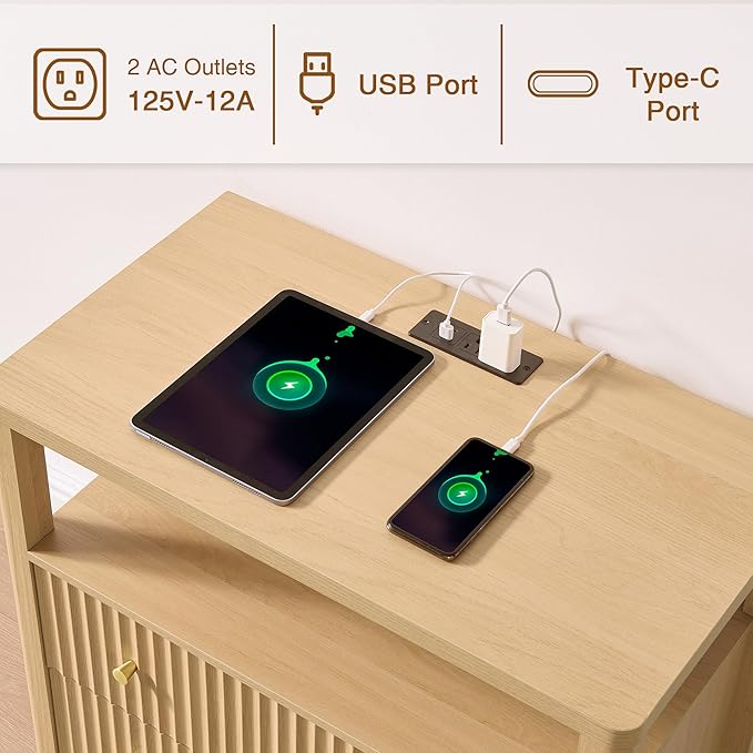 Fluted Nightstand with Charging Station, 27.3" Wide Modern Bedside Table with 2 Drawers & Open Shelf, Large Wood End Table with Storage & Metal Handle for Bedroom, Natural Wood