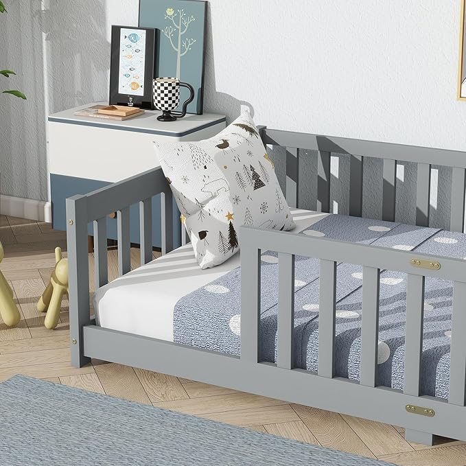 Twin Size Montessori Floor Bed for Kids,Twin Floor Bed Frame with Slats,Solid Wood Twin Bed Frame for Girls Boys,Grey