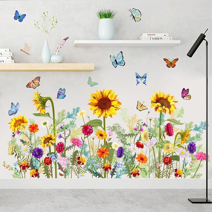 Flowers Vine Wall Stickers Sunflowers Daisy Wall Decals for Living Room, Butterfly Decor Posters Colorful Floral Wall Stickers Chrysanthemum Murals Decorations for Bedroom Office