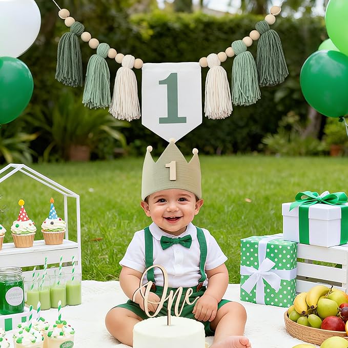 Wild One High Chair Banner For 1st Birthday Party Boy Decorations With Green Tassel Garland Crown Hat Cake Topper