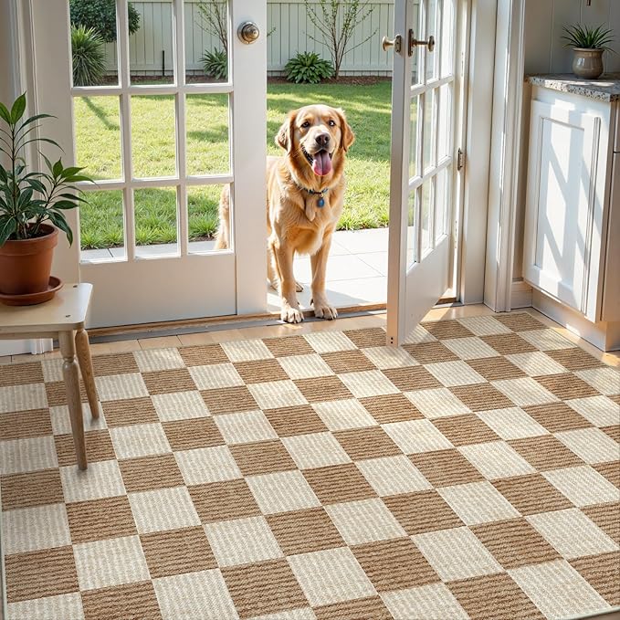 LIVEBOX 4x6 Washable Area Rug Checkered, Non-Slip Small Entryway Rug Brown Farmhouse Neutral Classic Geometric Boys Rug for Bedroom Living Room Low-Pile Carpet for Indoor Kitchen Bathroom(Brown 4'x6')