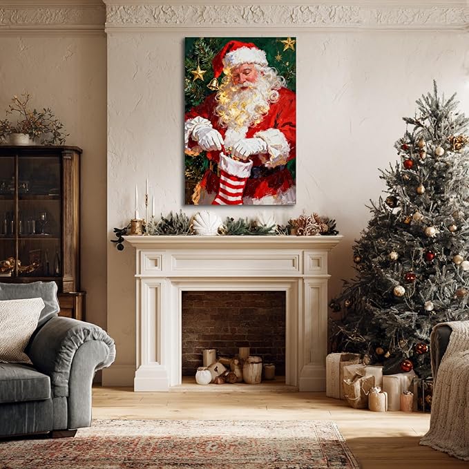 YONICA Christmas Canvas Wall Art Stocking Santa 24x36 Inch Oil Painting Filling Christmas Sock - Large Framed Gallery Wrapped Family Tradition