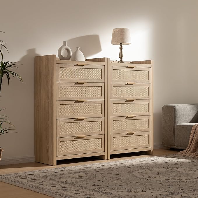 SICOTAS Dresser for Bedroom Chest of Drawers 46" Tall Dresser for Closet with 5 Rattan Drawers Boho Nightstands Set of 2 Large Clothes Storage Cabinet TV Stand for Living Room Hallway Nursery Entryway