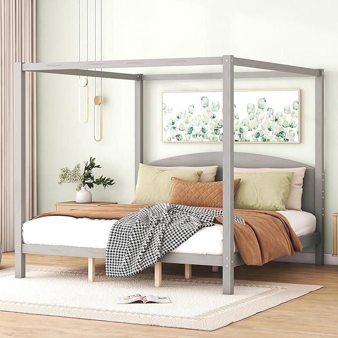 King Size Canopy Platform Bed with Headboard and Support Legs,Bedroom Wood Bed Frame W/Space Saving,No Box Spring Required,for Girl Boy Kid,Adults,Grey Wash