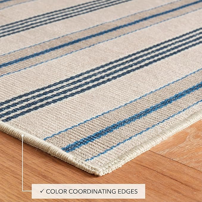 Dash and Albert Nimes Ticking Machine Washable Area Rug - 6' x 9' Neutral Stripe Washable Accent Rug - Durable, High Traffic Areas Kitchen, Mudroom, Hallways