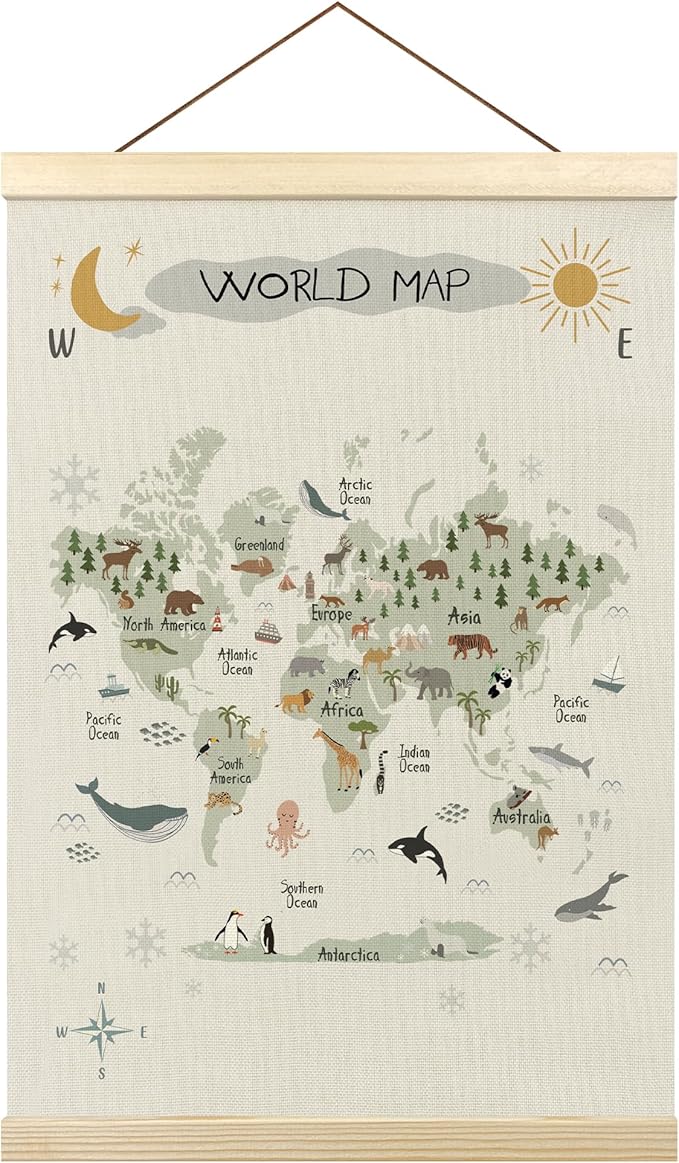 Tzhim Animal World Map Poster Hanger Frame, World Map for Kids, Educational Wall Hanging Decor for Nursey Playroom Classroom Home school Kids Room, Nature Wall Art Prints with Wood Frames, 12x16in
