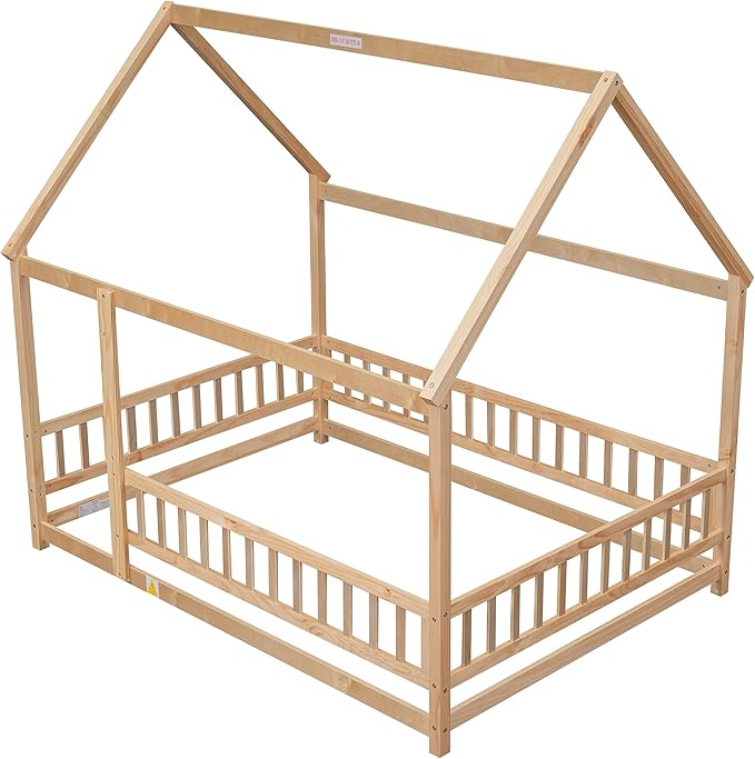 Bellemave Full Size House Bed for Kids,Solid Wood Floor Bed, Montessori Floor Bed with Fence and Roof,Playhouse Full Bed Frame for Girls,Boys(Full,Natural)