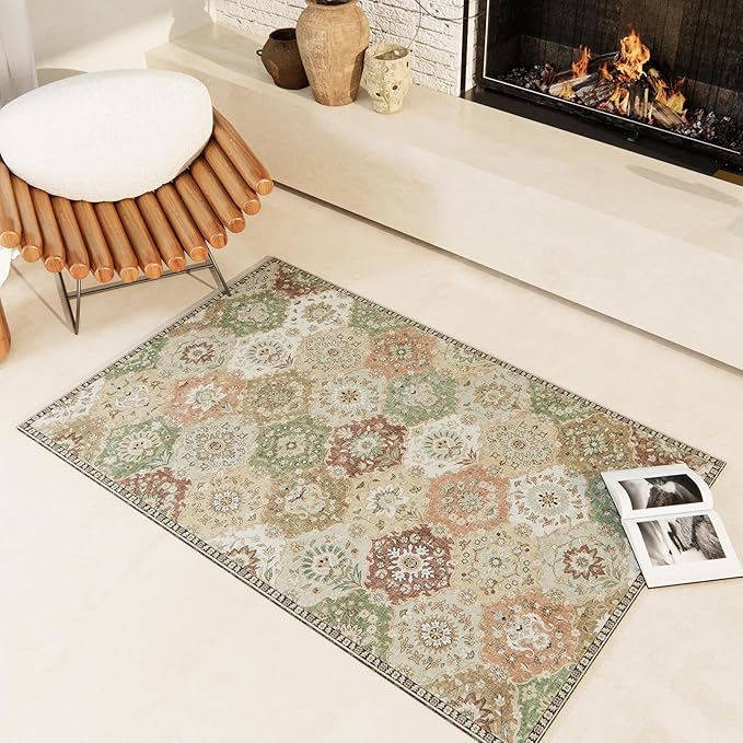Area Rugs 4x6 Rug for Bedroom, Clearance Washable Area Rug, Non-Slip Lightweight Low Pile Rug for Living Room Dining Room Nursery Room Entryway,Multi/Green