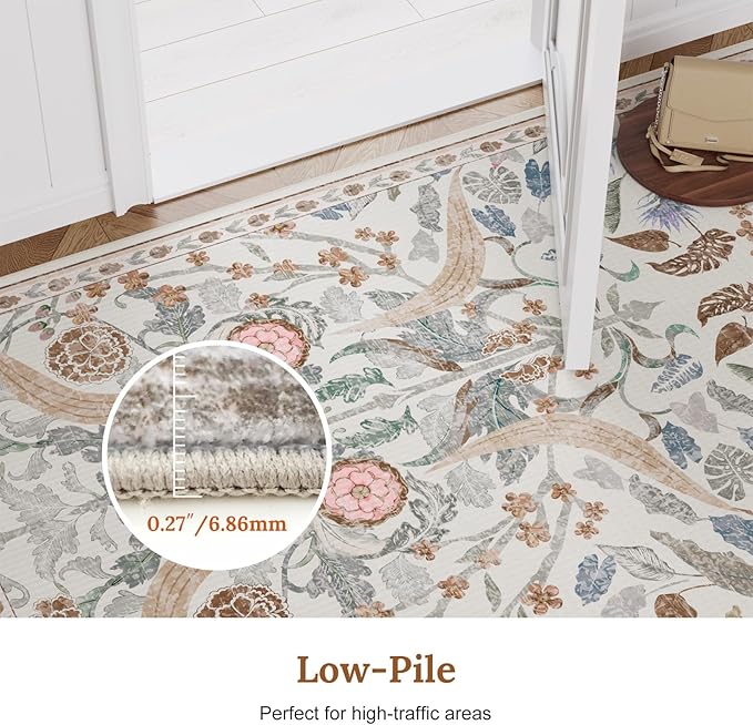 AMTOVO 2x6 Runner Rug for Hallway, Washable Non-Slip Long Kitchen Carpet, Floral Vintage Distressed Floor Mat for Hallways Entryway Living Room Laundry Room Bathroom Farmhouse, Beige