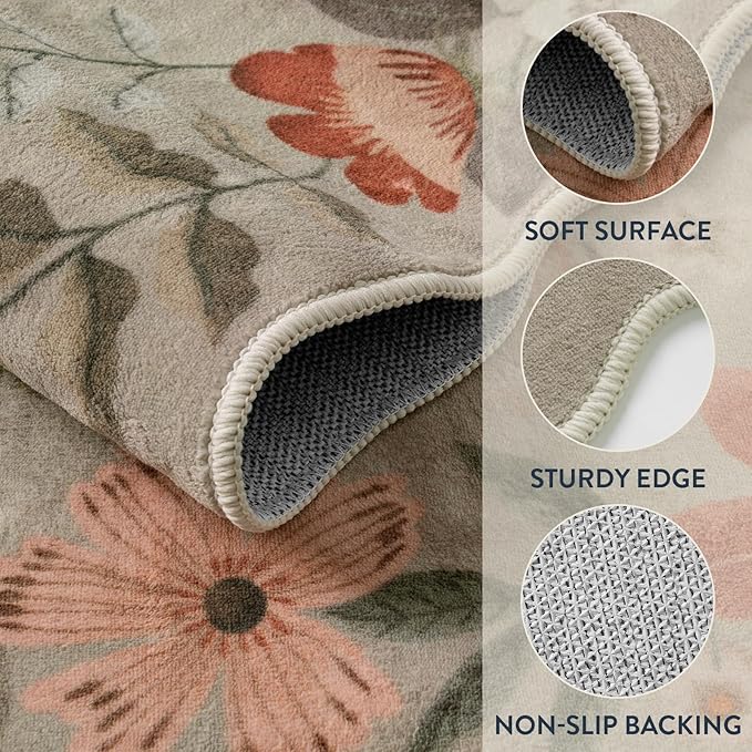 Lahome Floral Washable Rugs 8x10, Non-Slip Soft Bedroom Rug Stain Resistant, Ultra-Thin 8x10 Rugs for Living Room Easy Clean Boho Rug Accent Carpet for Dining Room Office(8x10ft,Brown)