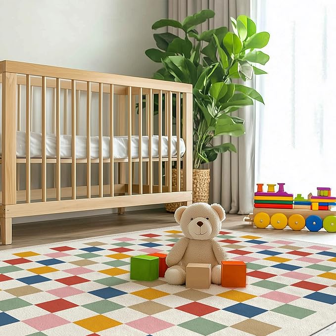 Washable Checkered Rug, 4x6 Colorful Rainbow Checkerboard Modern Foldable Large Area Rugs for Living Room, Low Pile Ultra-Thin Non-Slip Indoor Doormat Carpet for Home Office Bedroom Playroom Kitchen