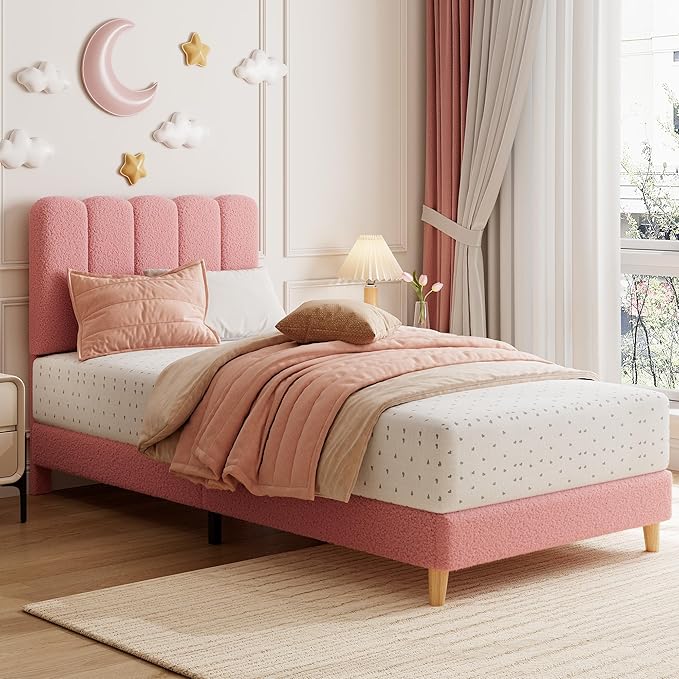 GarveeHome Twin Bed Frame, Boucle Upholstered Platform Bed with Wave Headboard for Girls/Kids, Easy Assembly, Wooden Slats Support, No Box Spring Needed, Light Pink