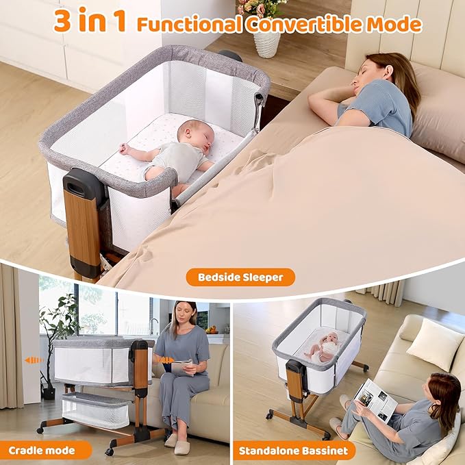 Ezebaby 3-in-1 Baby Bassinet, Rocking Baby Bassinets Bedside Sleeper, Adjustable Portable Crib for Newborn Infant with Wheels Storage Basket and Mesh Sides