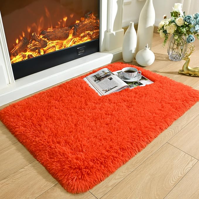 Merelax Fluffy Rug Shaggy Area Rug, Orange Red 2x3 Small Rugs for Fireplace Holiday Dearations, Mini Fuzzy Plush Kids Bedside Rug, Soft Non-Slip Entryway Throw Rugs Shag Catpet for Living Room