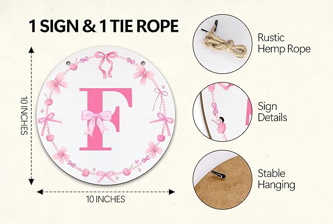 Monogram Round Sign For Front Door, Cherry Bow Theme Sign For Porch Art Wall Door, Initial Signs Hanging Ornament For Indoor Outdoor, Decorations Gifts For Four Seasons Rustic Home Kitchen, F, A06