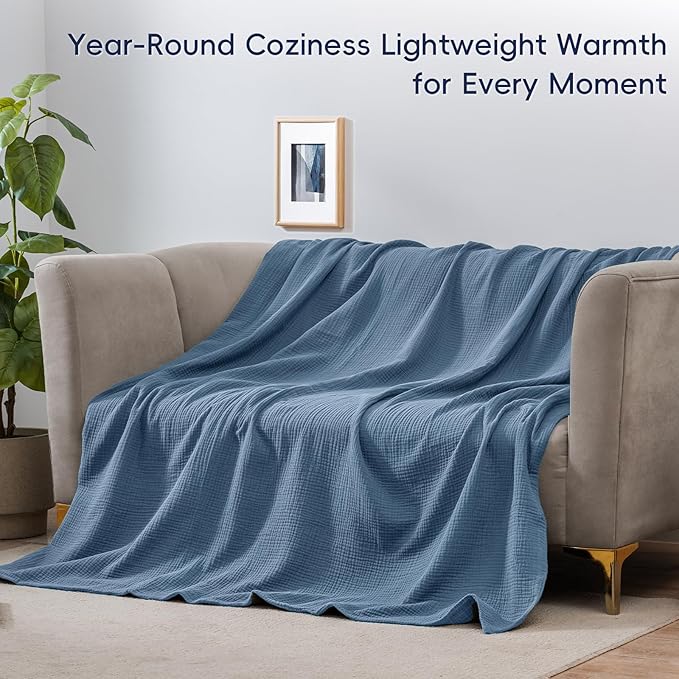 PHF 100% Cotton Muslin Blanket King Size 108"x90", 4-Layer Lightweight Gauze Throw, Breathable Cloud-Soft Minimalist Blanket for Bed, Couch, Camping & Baby, Denim Blue, Ideal Gift