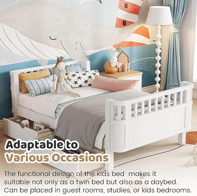 Twin Bed Frame with Rails for Kids, Wood Montessori Bed Twin with 2 Storage Drawers &Slats Support, Modern Daybed with Removable Bed Rails for Girls Boys Bedroom Living Room, White