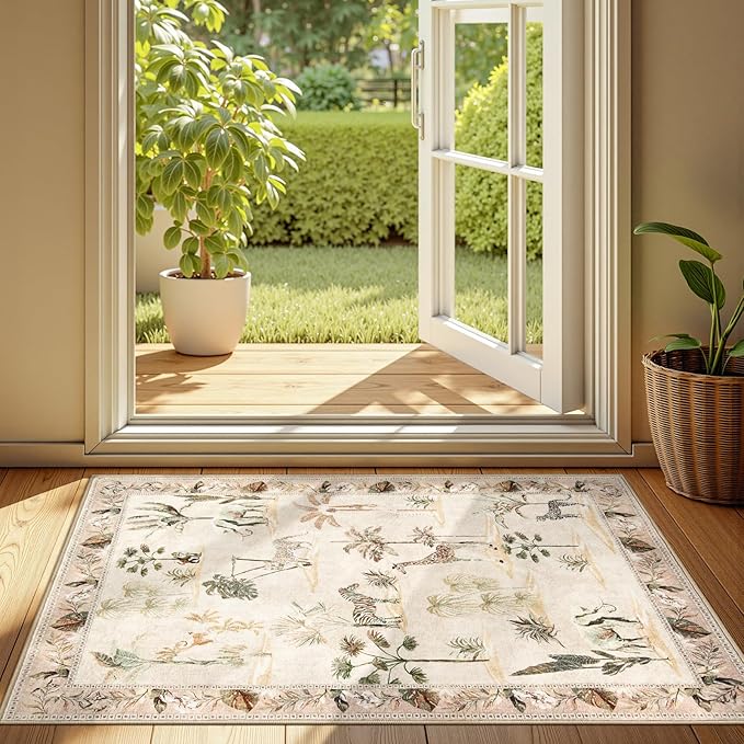 jinchan 2x3 Beige Jungle Rug for Entryway, Washable Throw Rug Animals Print Kitchen Mat, Indoor Doormat Ultra-Thin Low-Pile Non-Slip Soft Botanical Carpet for Bedroom Bathroom Entrance (2'x3', Beige)