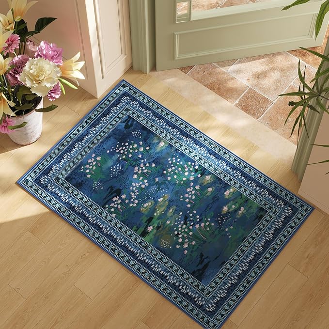 Rugcomf 2x3 Rug Impressionist-Style Vintage Indoor Door Mat Machine Washable Small Area Rug Non-Slip Low Pile Throw Rugs for Entryway Kitchen Front Door Indoor Entrance Entry Kids Room, Blue