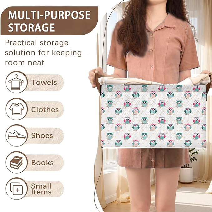 Owl Pattern Storage Basket Large 17x11.5x10.5 Inche-Collapsible Fabric Organizer Bin with Handles for Nursery, Valentines Decor, Toys-Foldable Decorative Hamper with Romantic Owl Design-Single Pack