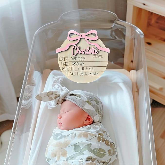 Generic Personalized 3D Baby Girl Name Announcement Sign with Bow - Custom Newborn Birth Stats - Hospital Photo Prop - Multiple Sizes & Fonts - 30 Color Options
