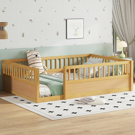 Harper & Bright Designs Full Floor Bed Frame, Wood Kids Floor Bed with High Guardrails, Montessori Floor Bed Full with Opening Door for Boys, Girls, Kids, Solid Wood Structure, Natural