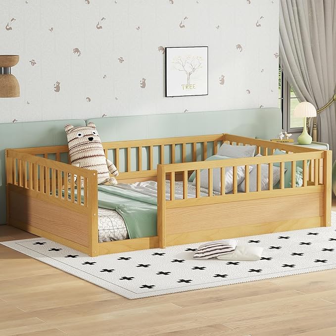 Bellemave Full Floor Bed with high Rails for Kids, Girls, Boys, Wood Montessori Floor Bed Without Door, Natural