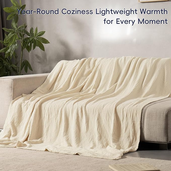 PHF 100% Cotton Muslin Blanket King Size 108"x90", 4-Layer Lightweight Gauze Throw, Breathable Cloud-Soft Minimalist Blanket for Bed, Couch, Camping & Baby, Beige/Short Bread, Ideal Gift