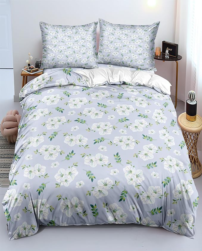 Soft Aesthetic Floral Print White Duvet Cover Pink Rose Pattern Girls Striped Bedding 1 Duvet Cover 2 Pillowcases Queen Size with Zipper Ties for Teenage Girls