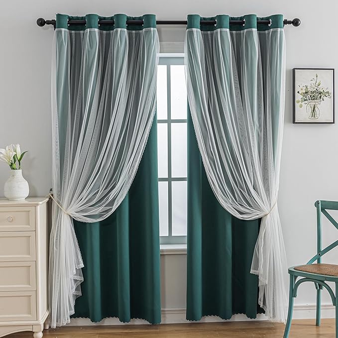 Anytime Home Curtains Blackout and Sheer Layered Solid Window Curtain Panel Pair with Grommet Top, 52Wx72L,Dark Green