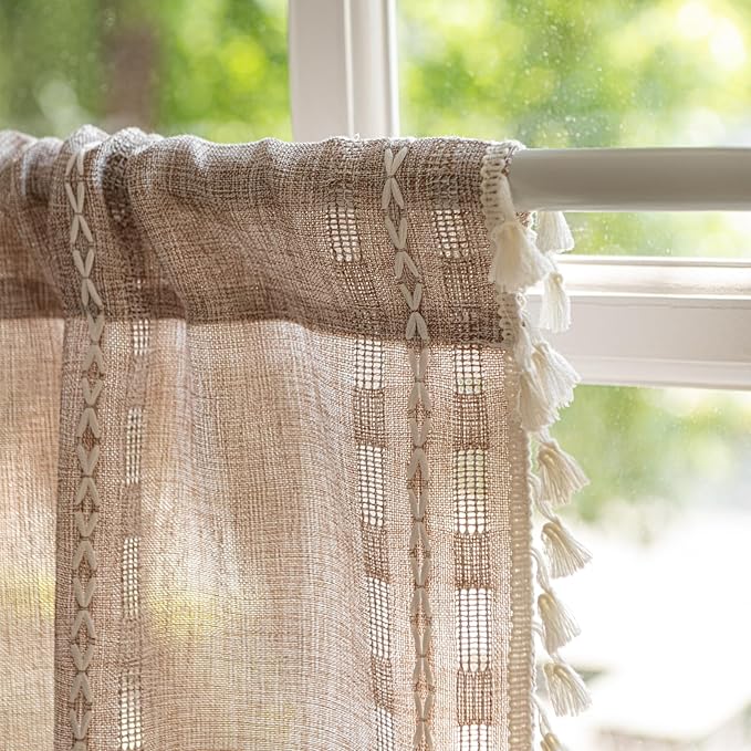 Deeprove Boho Valance Kitchen Short Curtain with Tassel, Textured Striped Drape Tier Embroidered Shabby Chic Linen Coffee Window Treatment for Cafe Closet, W52 x L18 inch Rod Pocket 1 Panel Natural