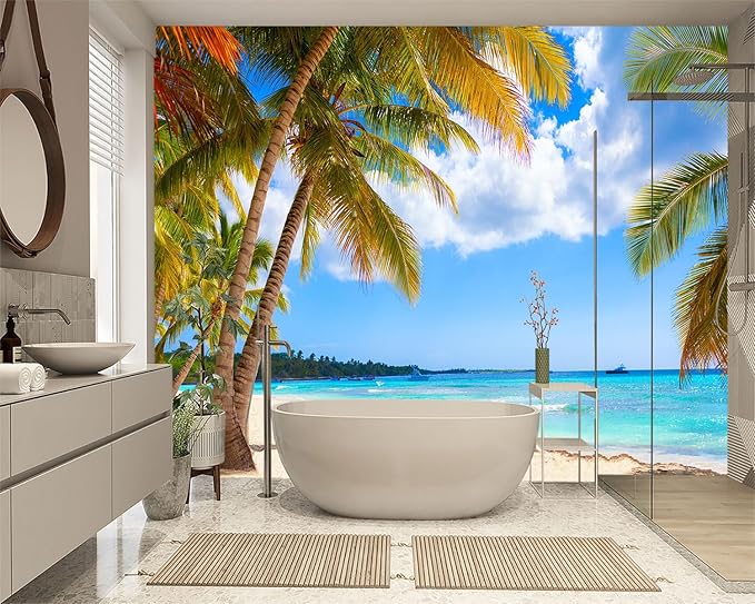 XMPMBM-Beach Palms Landscaping Fabric Wallpaper Tree Leaf Living Room Bedroom Bathroom Wall Mural-W 154" X H 105"（112 Square Foot）