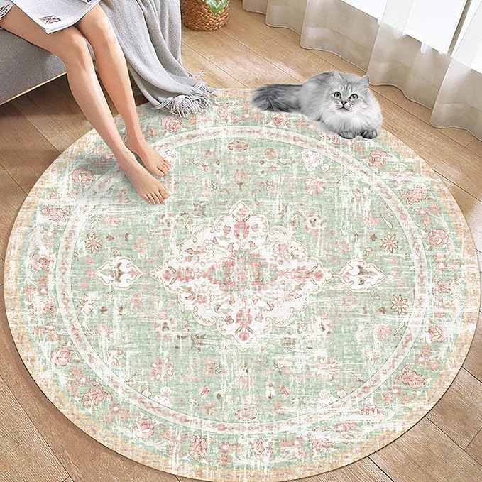 Vhong Boho Area Rugs Vintage Washable Modern Neutral Carpet Green and Pink 5×5 High Traffic Round Rugs for Dinning Room Living Room Bedroom Farmhouse Non Slip