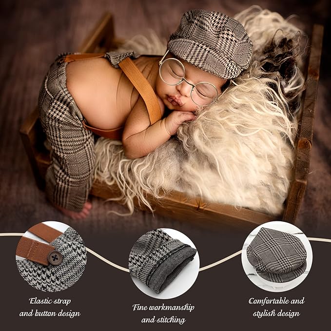 SPOKKI 4 Pcs Newborn Baby Photo Props, Lattice Rompers Suspender Pants with Beret Glasses Bow Tie for Infant Boys' Costumes, Newborn Boy Photography Outfit Set, Checked Fabric Gentleman Suit (Brown)