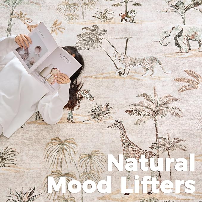 jinchan 3x10 Runner Rug Beige Jungle Animals Print, Modern Hallway Washable Runner Rug Kitchen Ultra-Thin Low-Pile Non-Slip Soft Botanical Accent Carpet for Bedroom Living Room Laundry (3'x10', Beige)