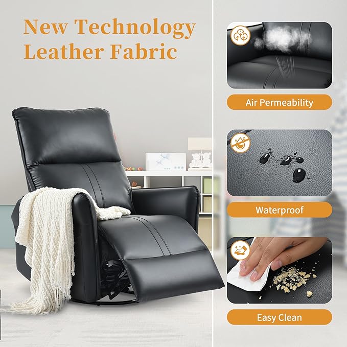 Swivel Rocker Recliner Chair, Upholstered 360° Fabric Leather Glider Rocker Chair for Nursery, Manual Small Recliners for Small Spaces Living Room Weight Capacity 300lbs