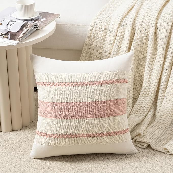 Fancy Homi Set of 2 Boho Pink Decorative Throw Pillow Cover 20x20 Inch for Couch Bed Sofa, Aesthetic Modern Organic Farmhouse Home Decor, Soft Cotton Cute Accent Macrame Woven Cushion Case