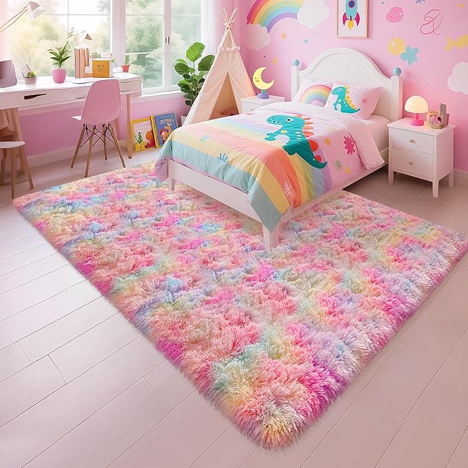 Cute Unicorn Rug for Girls Bedroom, 6x9 Plush Fluffy Princess Rainbow Area Rug for Girls Room Soft Big Shag Carpet for Living Room Baby Toddler Kids Room Colorful Kawaii Room Decor