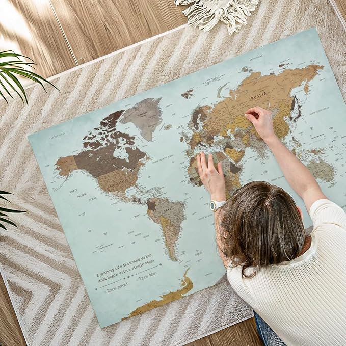 ElephantStock - A Thousand Miles World Push Pin Map Wall Art - Horizontal Canvas Wall Art - Living Room Wall Decor - Printmaking Map Canvas Art - Blue And Brown Decor - 45" x 30"