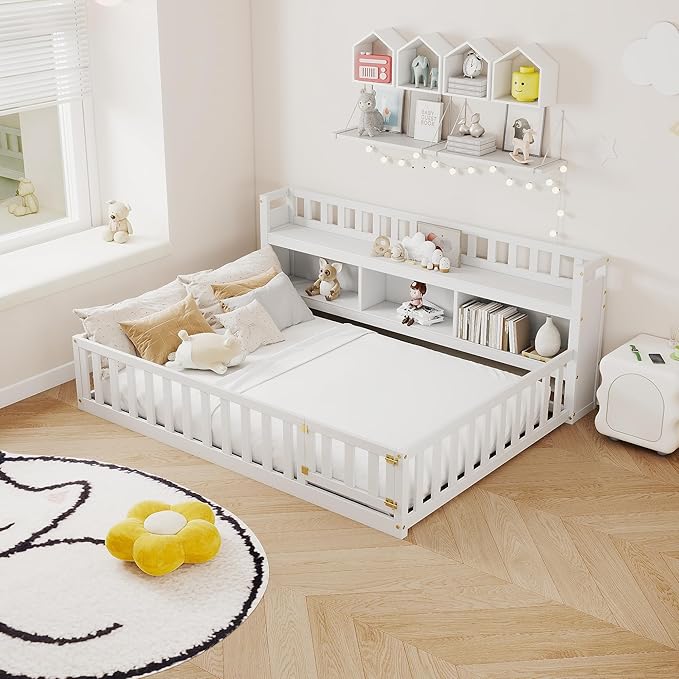 mikibama Full Size Floor Bed with Side Bookcase and Shelves, Montessori Floor Bed with Guardrails for Bedroom, Wood Full Floor Bed Frame with Storage for Girls, Boys, White