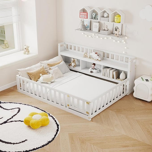 mikibama Full Size Floor Bed with Side Bookcase and Shelves, Montessori Floor Bed with Guardrails for Bedroom, Wood Full Floor Bed Frame with Storage for Girls, Boys, White